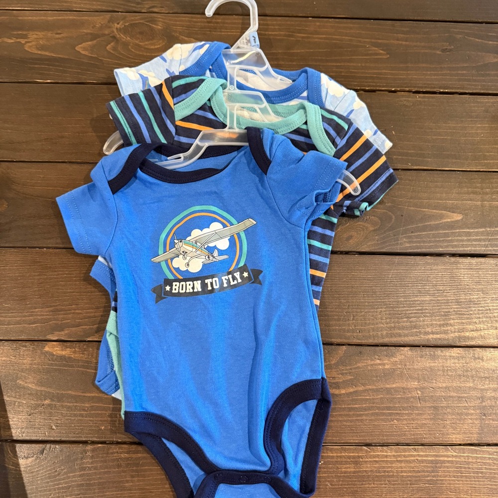 Kidgets Baby Boy 3 Pack Airplane Bodysuits Blue Striped Cloud 6/9 Months